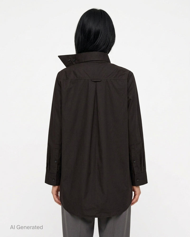 Melitta Baumeister black oversized Pointy Collar Shirt with asymmetric stand collar, front pleat and long sleeves - back