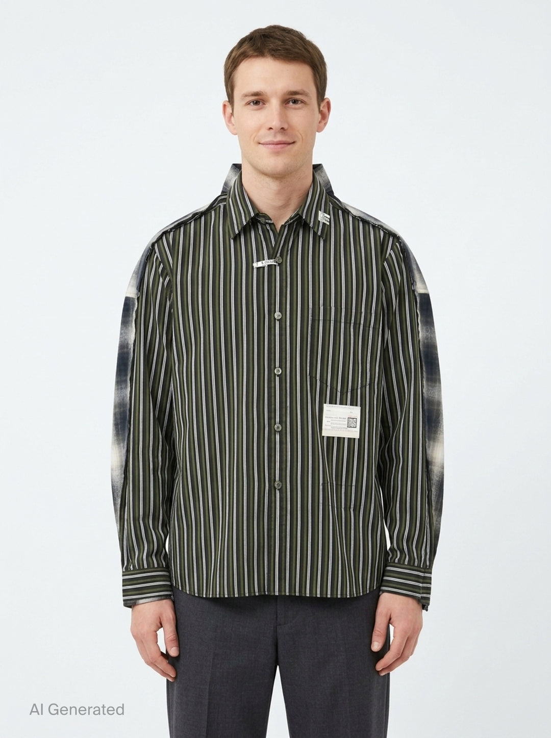 Combined Check Stripe Long Sleeve Shirt | Mihara Yasuhiro | Club21 - front