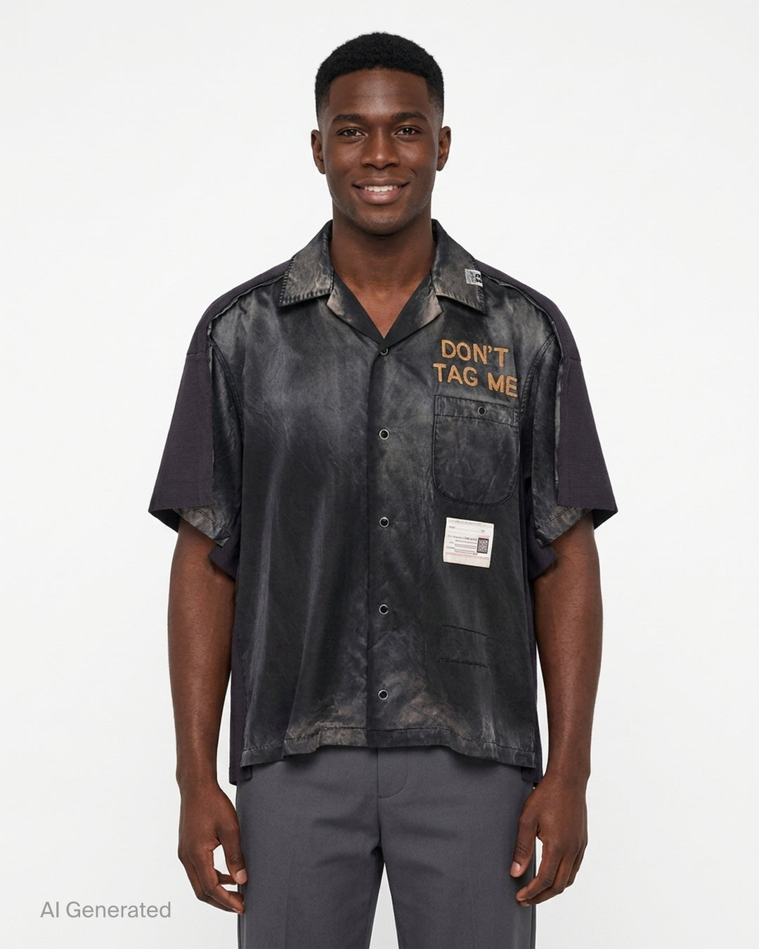 Miharayasuhiro combined shirt and T-shirt with champagne satin camp-collar front, grey knit layers and red embroidered 'Don't Tag Me' slogan - front