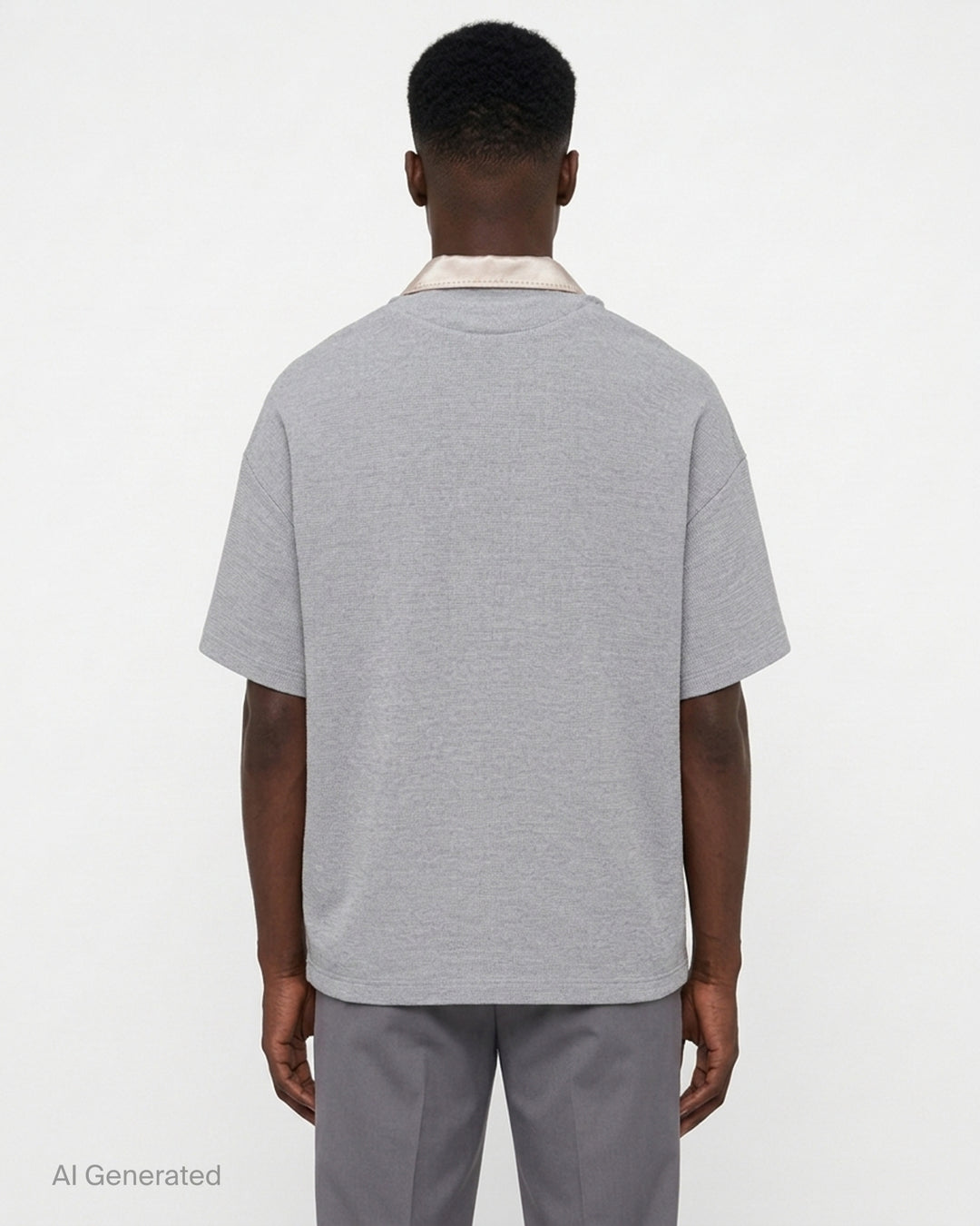 Miharayasuhiro combined shirt and T-shirt with champagne satin camp-collar front, grey knit layers and red embroidered 'Don't Tag Me' slogan - back