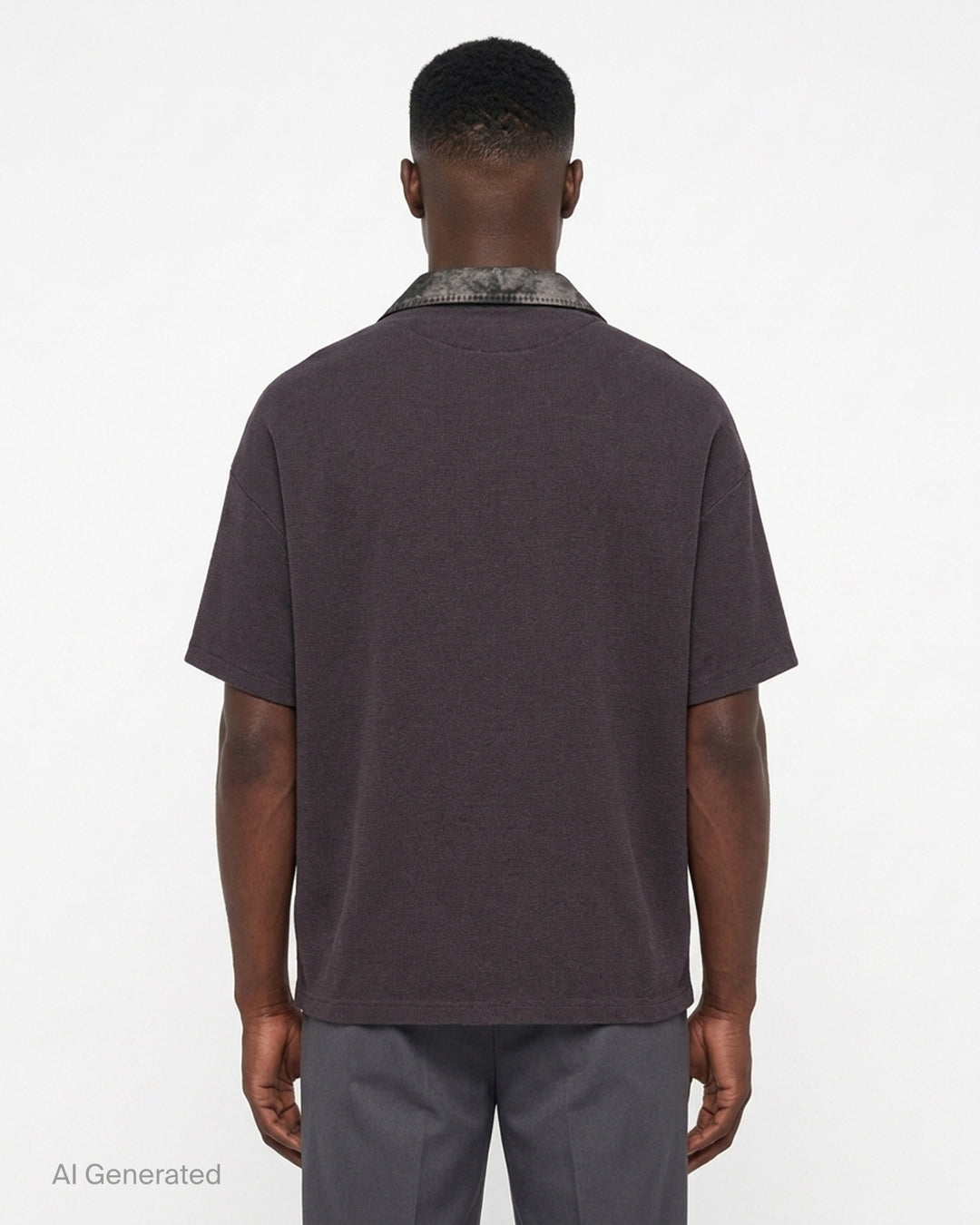Miharayasuhiro combined shirt and T-shirt with champagne satin camp-collar front, grey knit layers and red embroidered 'Don't Tag Me' slogan - back