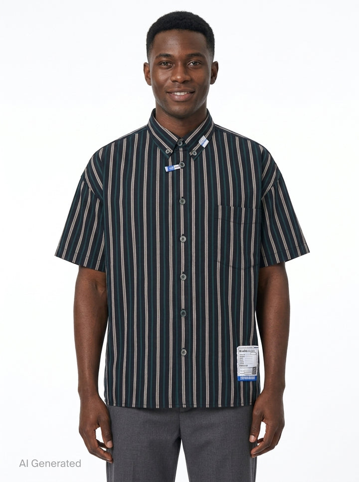 Cotton High Density Short Sleeve Stripe Shirt | Mihara Yasuhiro | Club21 - front