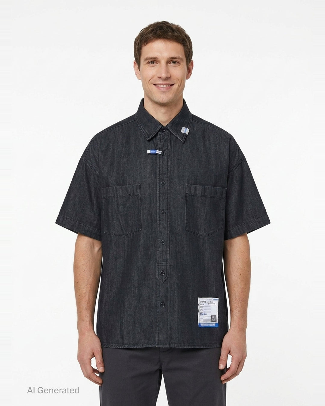 Cotton Tencel Denim Short Sleeve Work Shirt | Mihara Yasuhiro | Club21 - front