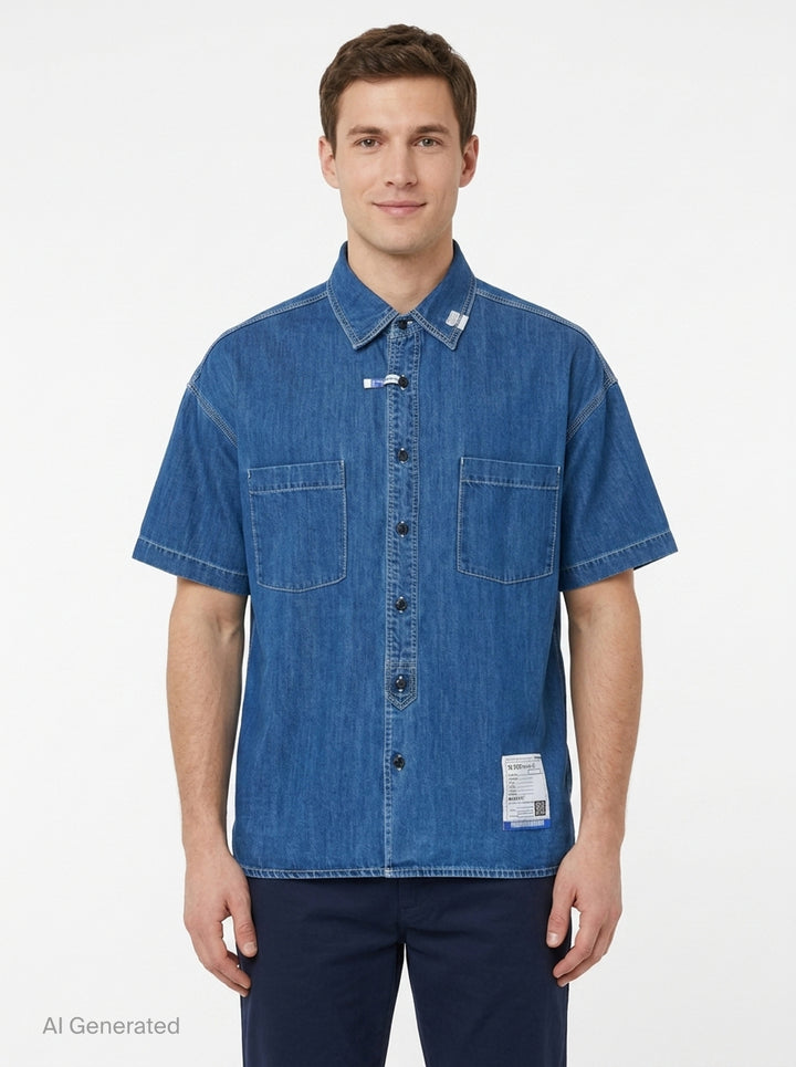 Cotton Tencel Denim Short Sleeve Work Shirt | Mihara Yasuhiro | Club21 - front