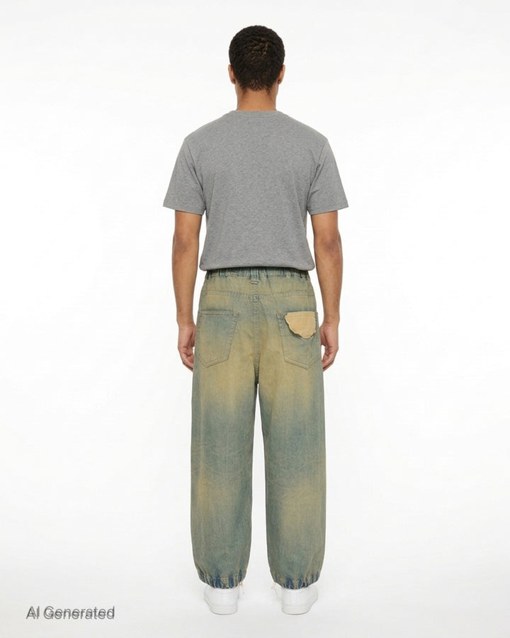 Mihara Yasuhiro Light Oz wide-leg denim pants in a faded black and tan wash with elastic waistband and drawcord hems - back