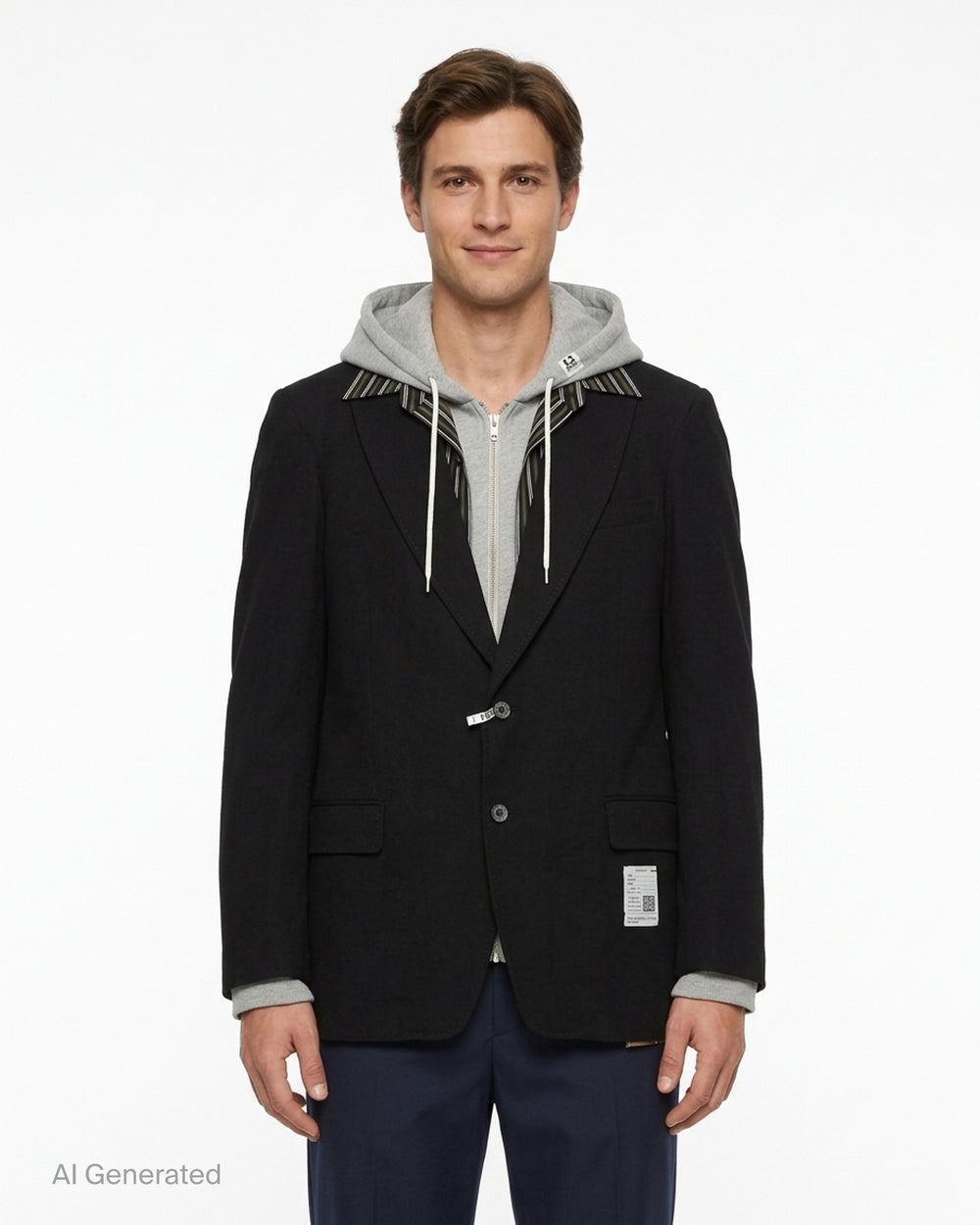 Mihara Yasuhiro Triple Layered Blazer in black with an attached grey hood and striped shirt layer, shown flat from the front - front