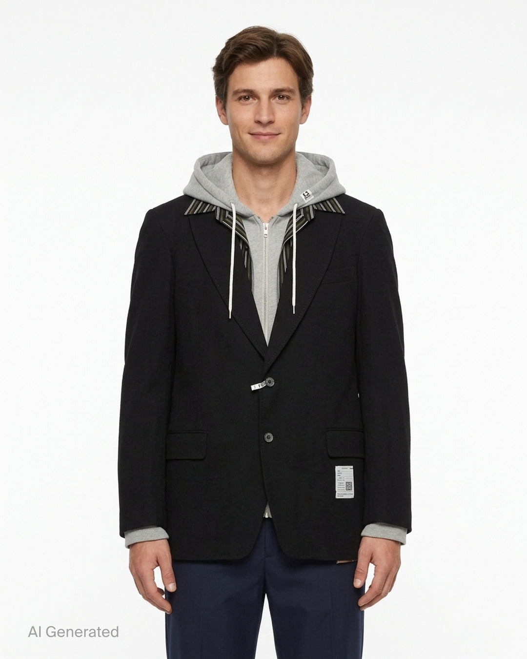 Mihara Yasuhiro Triple Layered Blazer in black with an attached grey hood and striped shirt layer, shown flat from the front - front
