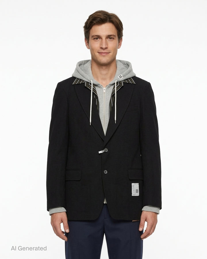 Mihara Yasuhiro Triple Layered Blazer in black with an attached grey hood and striped shirt layer, shown flat from the front - front