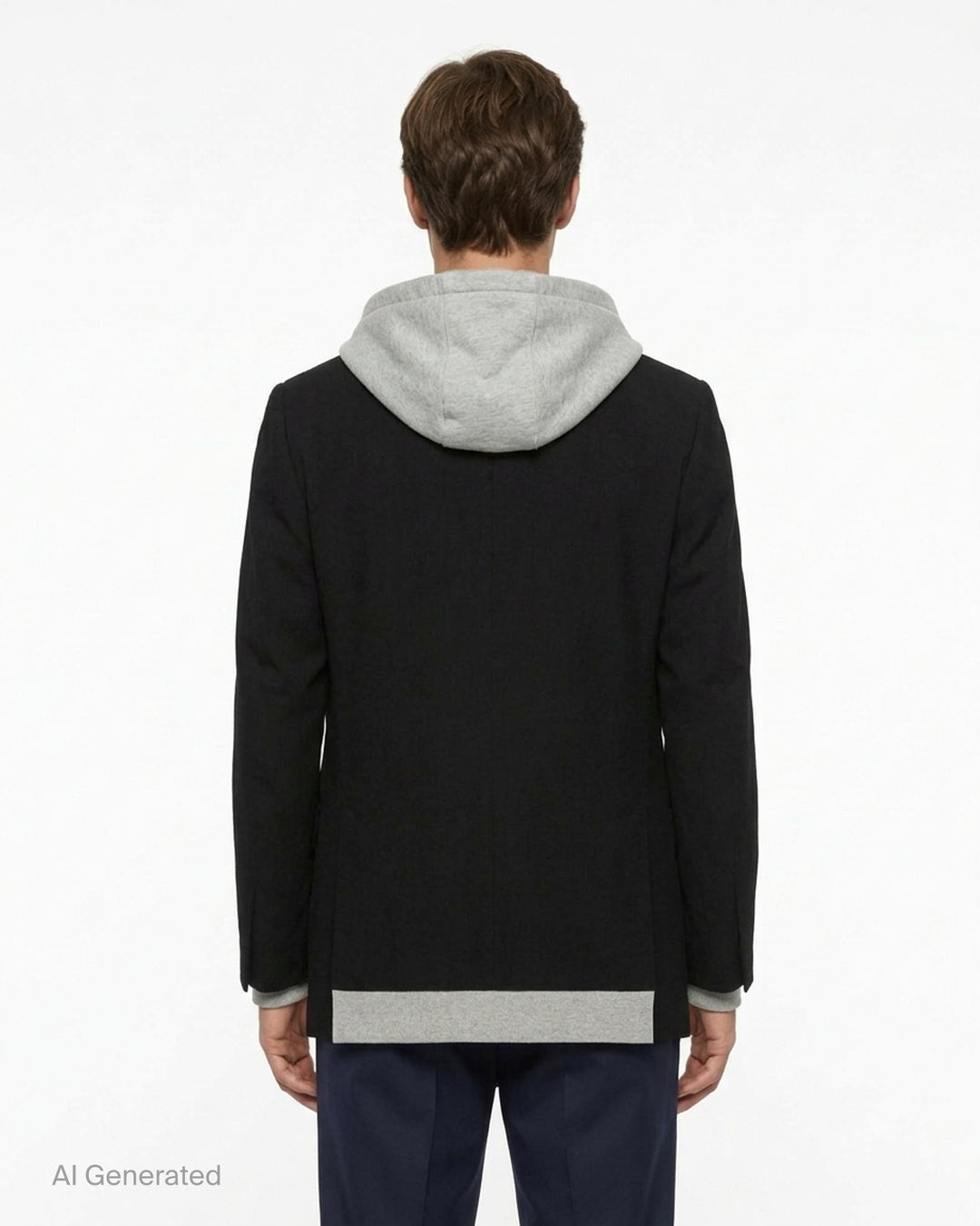 Mihara Yasuhiro Triple Layered Blazer in black with an attached grey hood and striped shirt layer, shown flat from the front - back