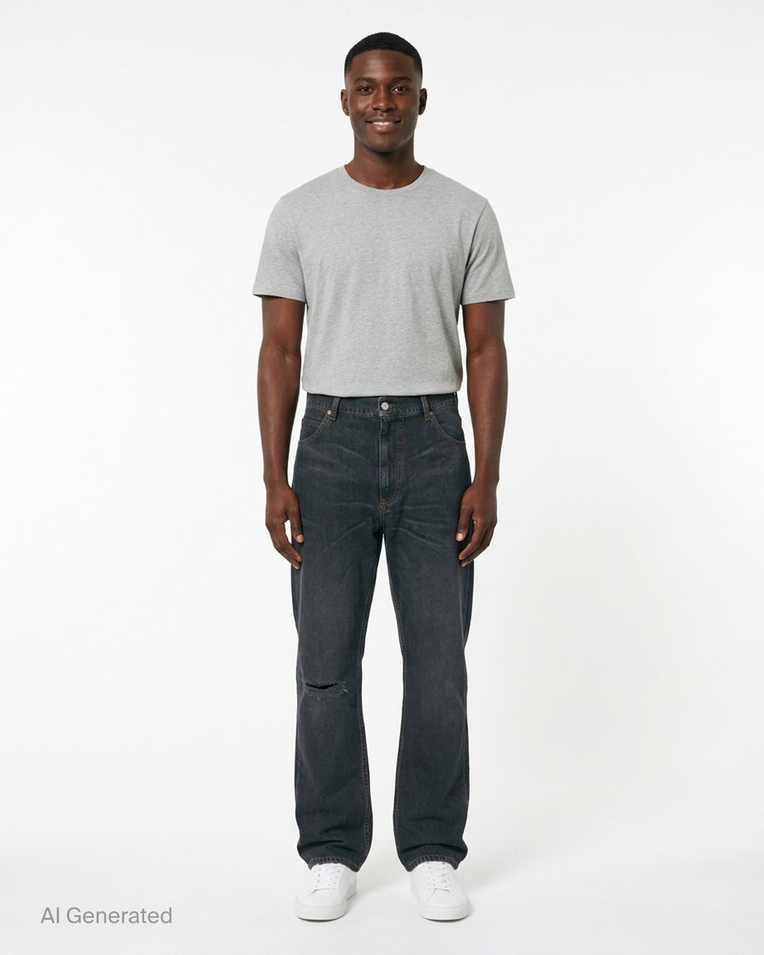 MM6 Maison Margiela black washed denim five-pocket jeans with distressed knee slit and straight leg, front view - front