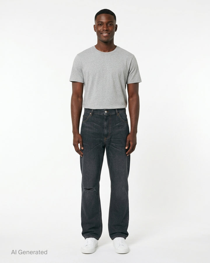 MM6 Maison Margiela black washed denim five-pocket jeans with distressed knee slit and straight leg, front view - front