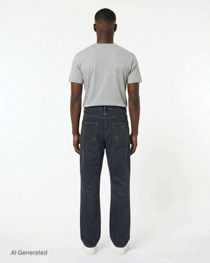 MM6 Maison Margiela black washed denim five-pocket jeans with distressed knee slit and straight leg, front view - back