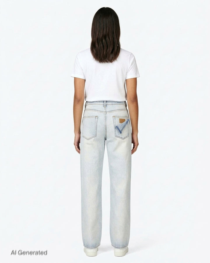 MM6 Maison Margiela high-rise straight-leg jeans in light bleached blue denim with five-pocket styling and contrast topstitching - back