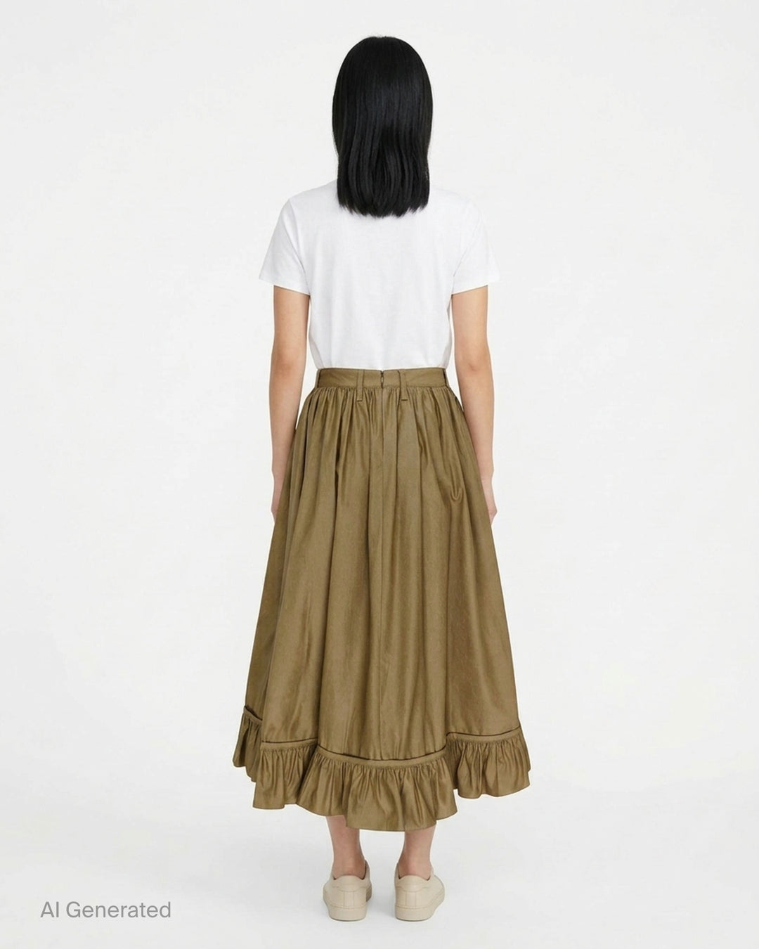 MM6 Maison Margiela coated cotton trench midi skirt with gathered waist and ruffled hem, shown from the front - back