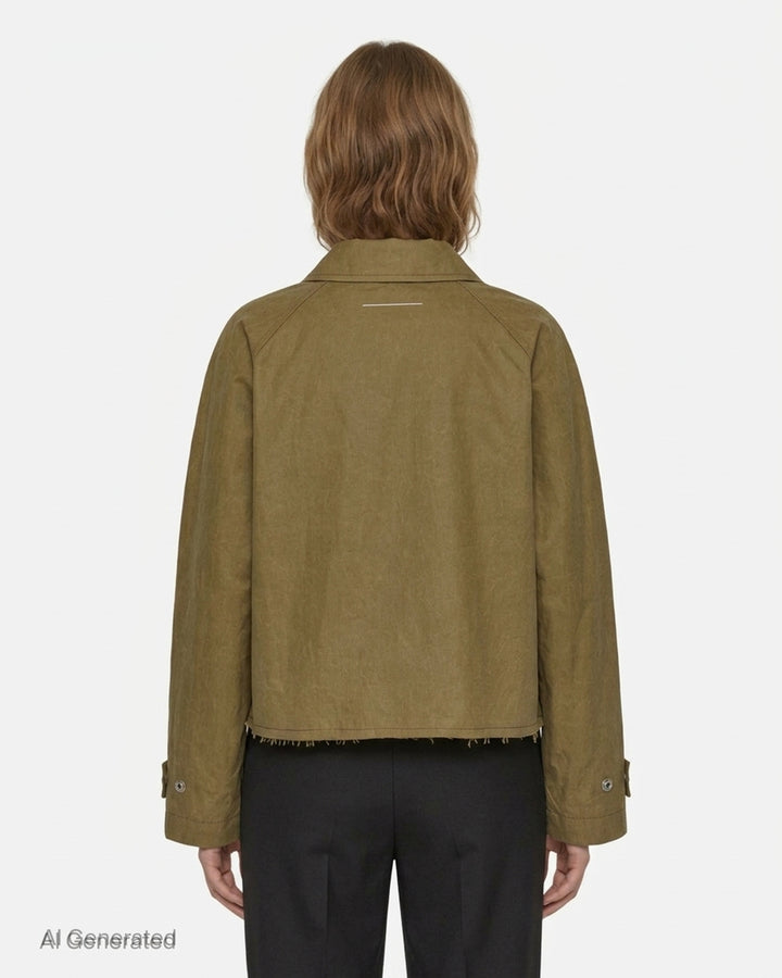 MM6 Maison Margiela cropped khaki coated trench jacket with raglan sleeves, snap front closure, pointed collar and raw frayed hem - back