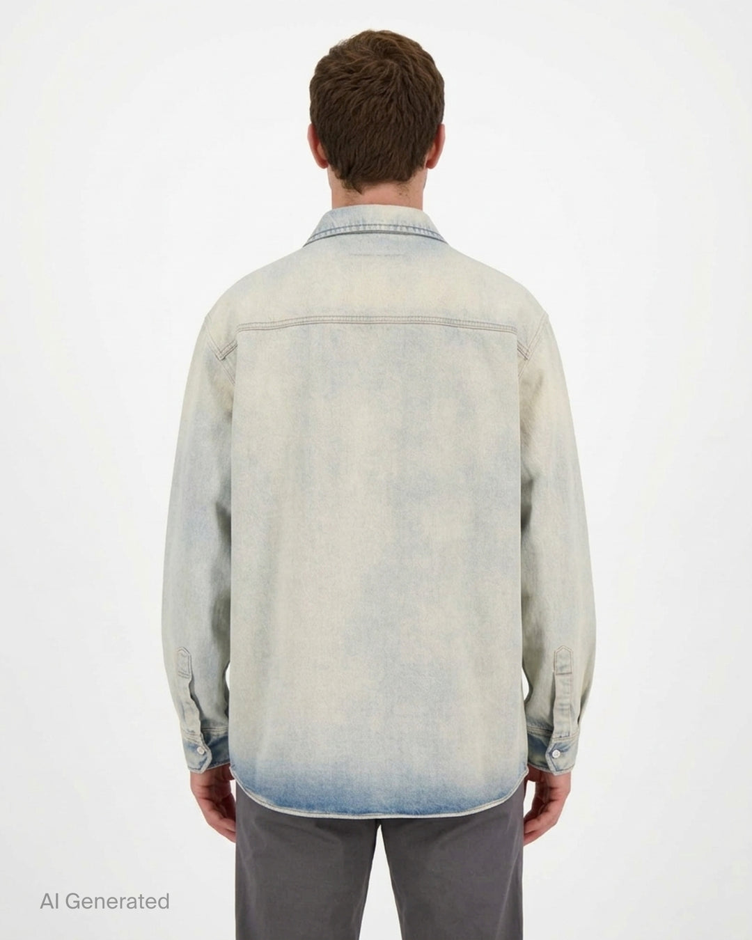 MM6 oversized faded blue denim long sleeve shirt with pointed collar, button placket and folded chest pocket detail - back