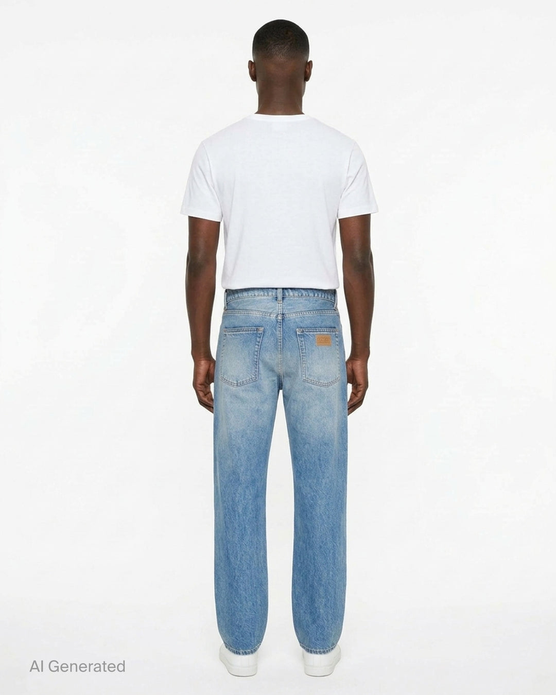 MM6 Maison Margiela light wash blue straight-leg jeans with a deconstructed asymmetric waistband and button fly, shown front view - back