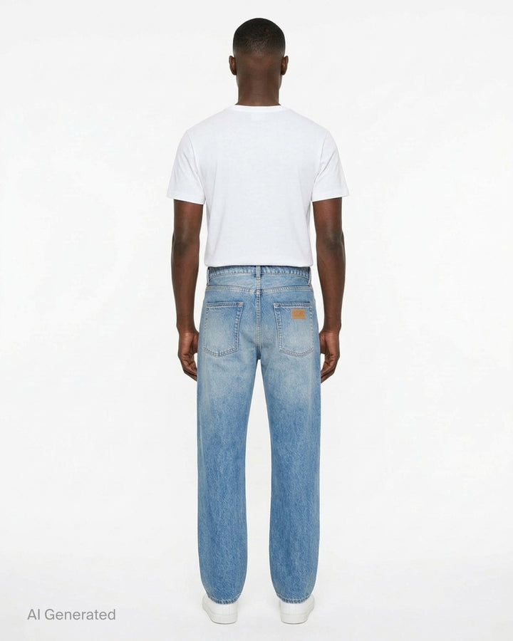 MM6 Maison Margiela light wash blue straight-leg jeans with a deconstructed asymmetric waistband and button fly, shown front view - back