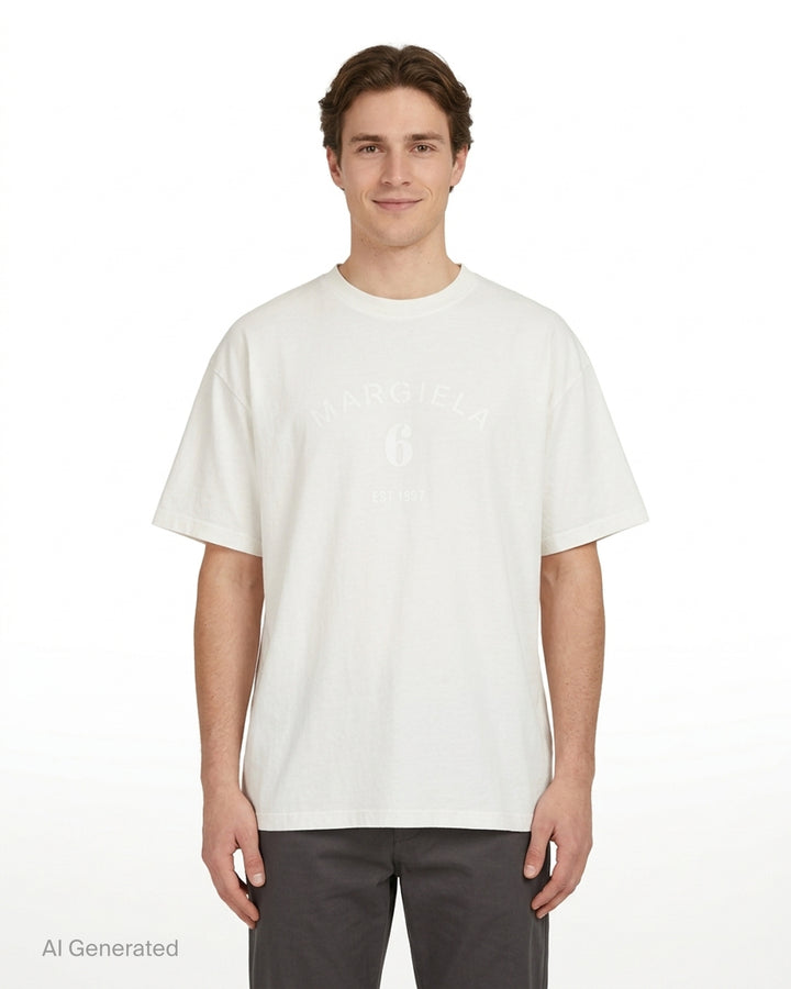 White oversized MM6 Maison Margiela cotton jersey T-shirt with a tonal arched 'Margiela 6 Est 1997' print on the chest - front