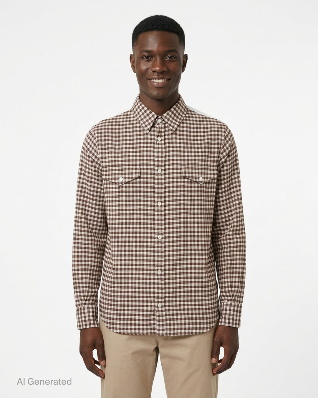 MM6 Maison Margiela long sleeve brown and white checkered shirt with flap chest pockets and white back panel - front