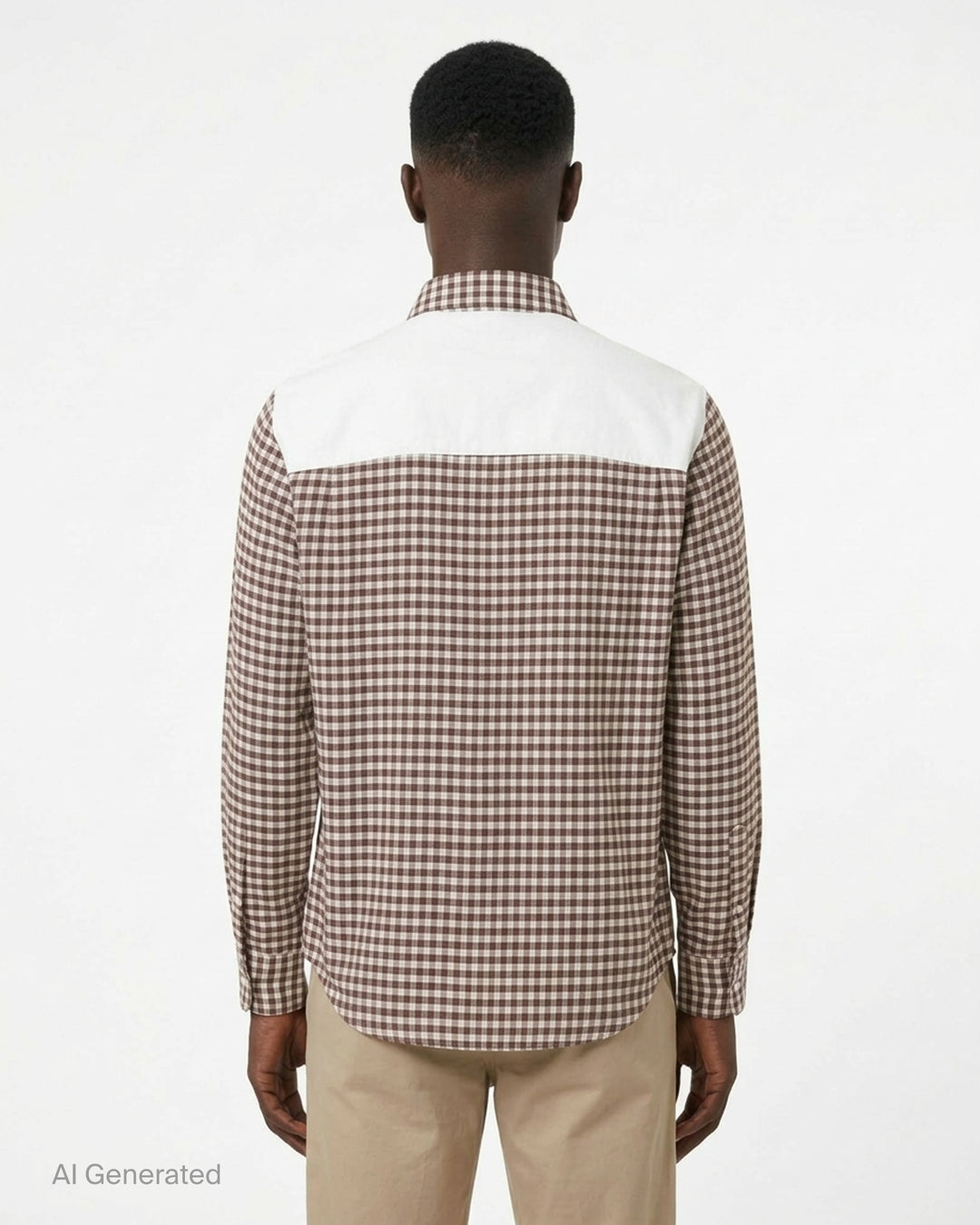 MM6 Maison Margiela long sleeve brown and white checkered shirt with flap chest pockets and white back panel - back