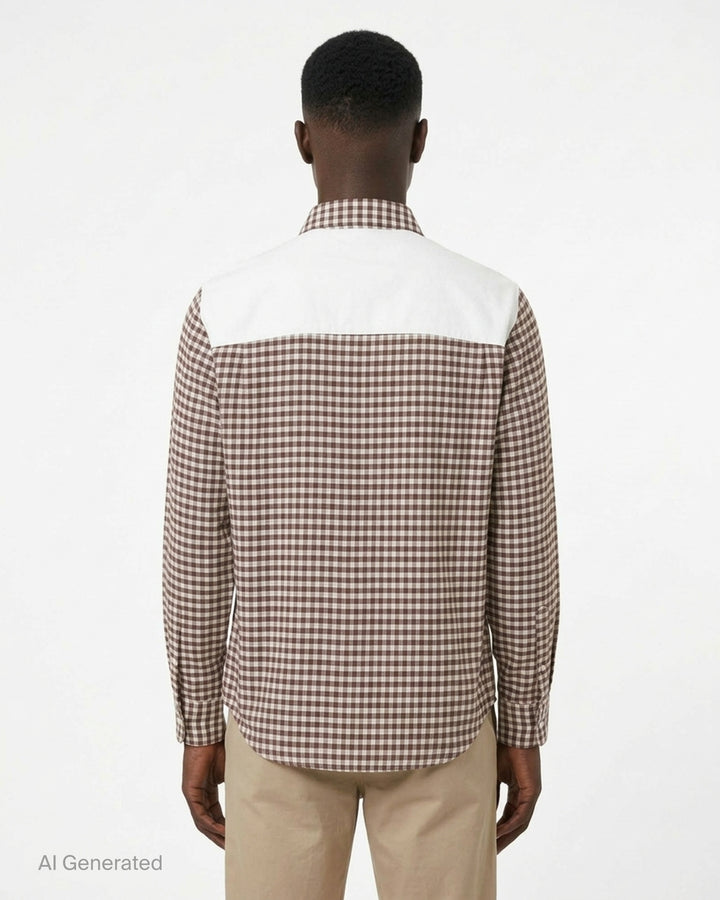MM6 Maison Margiela long sleeve brown and white checkered shirt with flap chest pockets and white back panel - back