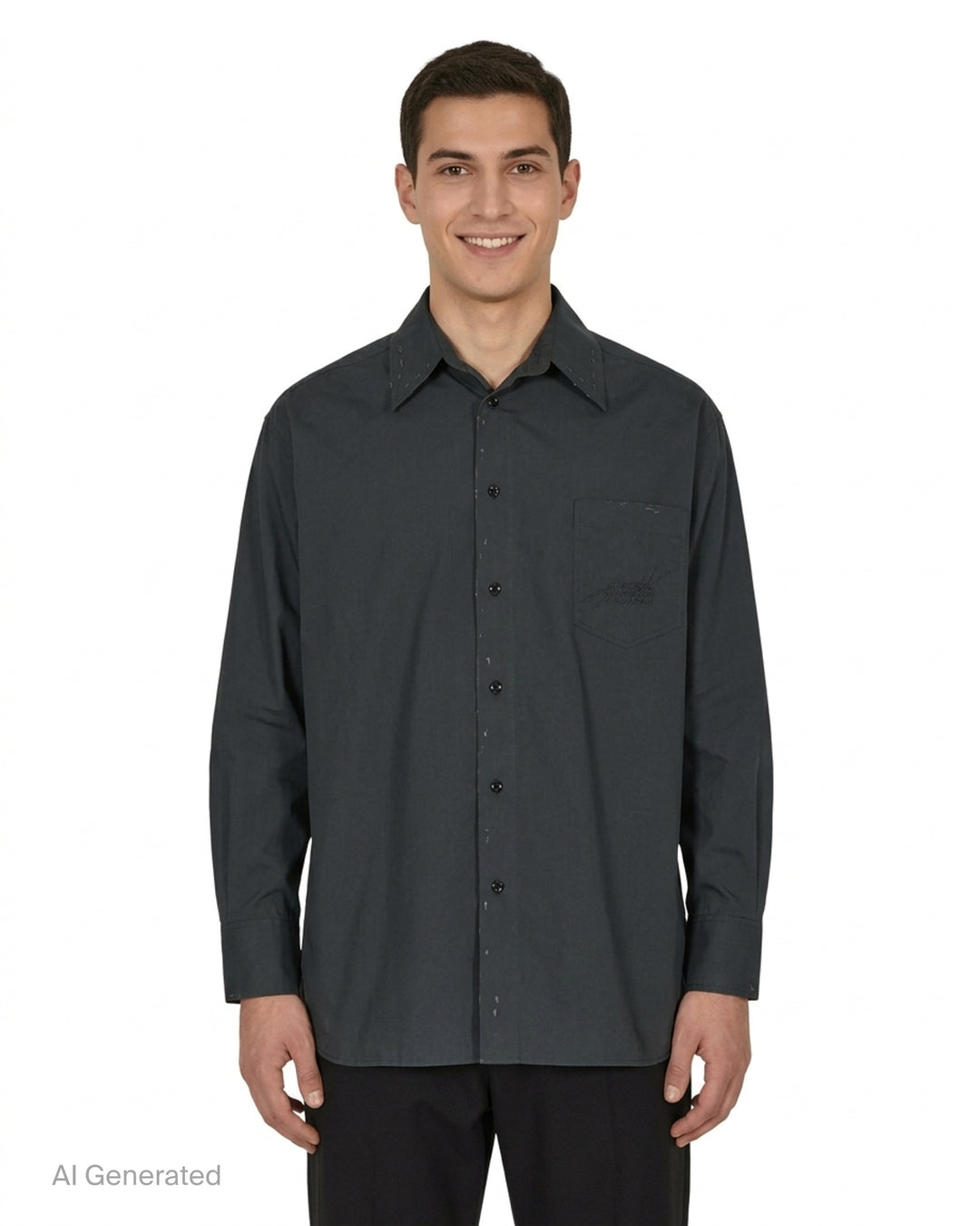 MM6 Maison Margiela long sleeve cotton poplin shirt in charcoal with distressed paint-effect trim and embroidered chest pocket, front view - front