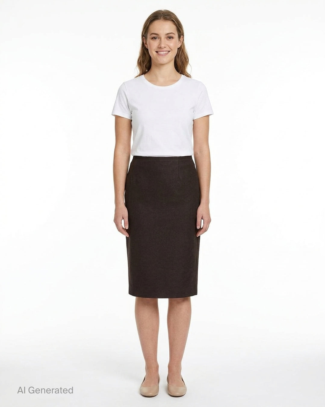 MM6 Maison Margiela dark brown wool felt midi skirt with a fitted pencil silhouette, shown from the front - front