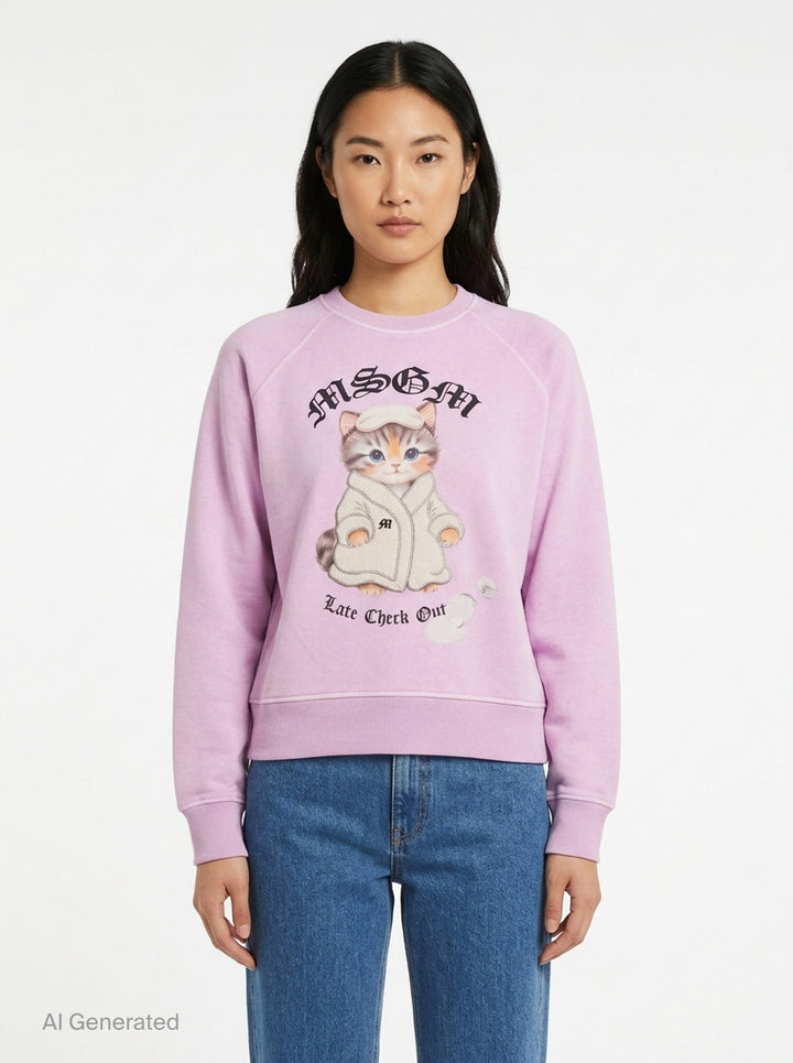 MSGM Bathrobe Cat Sweatshirt in lilac with gothic MSGM logo, illustrated kitten in a monogrammed bathrobe, and 'Late Check Out' slogan print on the chest - front