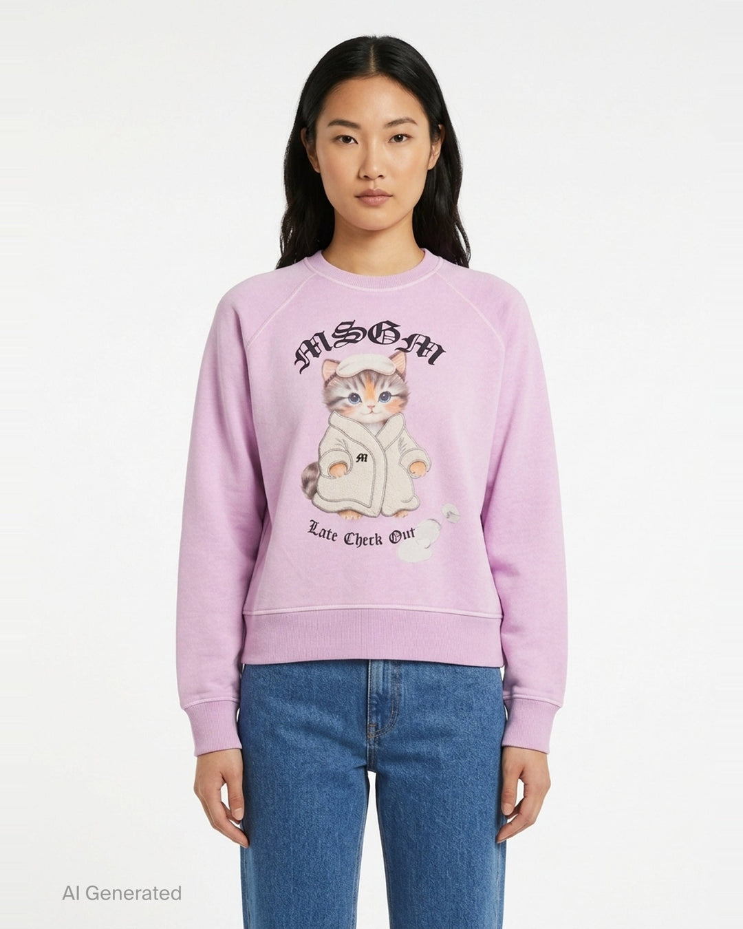 MSGM Bathrobe Cat Sweatshirt in lilac with gothic MSGM logo, illustrated kitten in a monogrammed bathrobe, and 'Late Check Out' slogan print on the chest - front