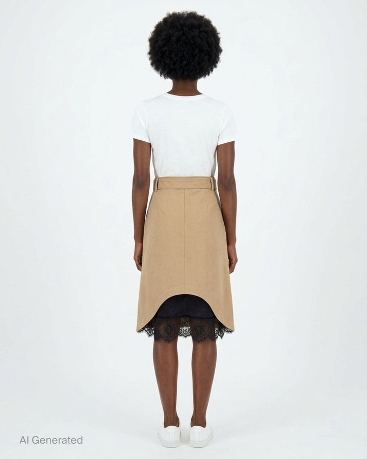 MSGM camel twill A-line midi skirt with matching self-fabric belt and silver double D-ring buckle - back