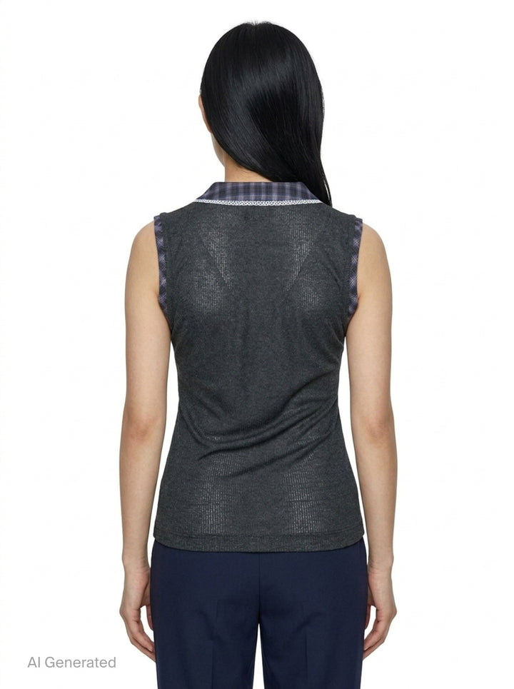 MSGM charcoal fine-knit sleeveless tank top with plaid checkered collar and shoulder trims, lace-edged button placket, and embroidered script logo on the chest - back