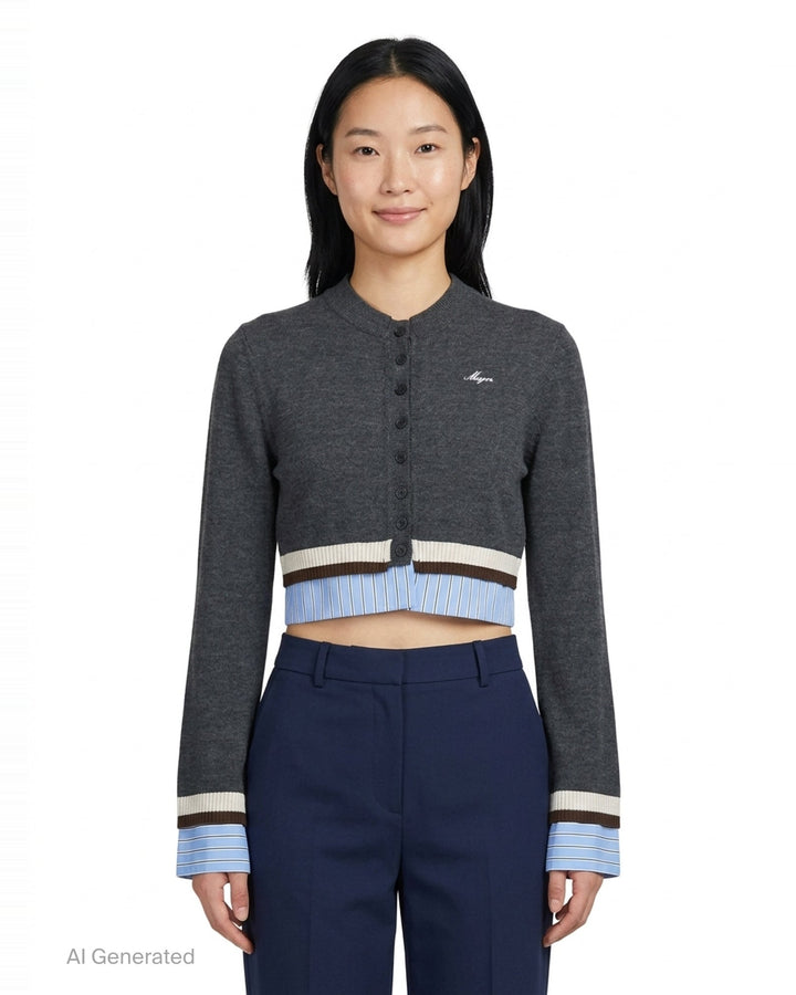 MSGM cropped charcoal knit cardigan with button-through front, contrast pale blue pinstripe shirting panels at hem and cuffs, and cream and dark brown stripe trim - front