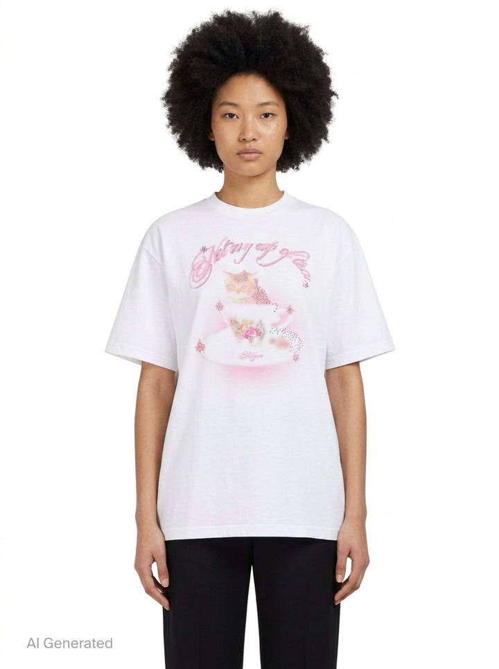 MSGM white oversized crew-neck tee featuring an airbrushed pink cat-in-a-teacup graphic with rhinestone crystal embellishments and MSGM script lettering - front