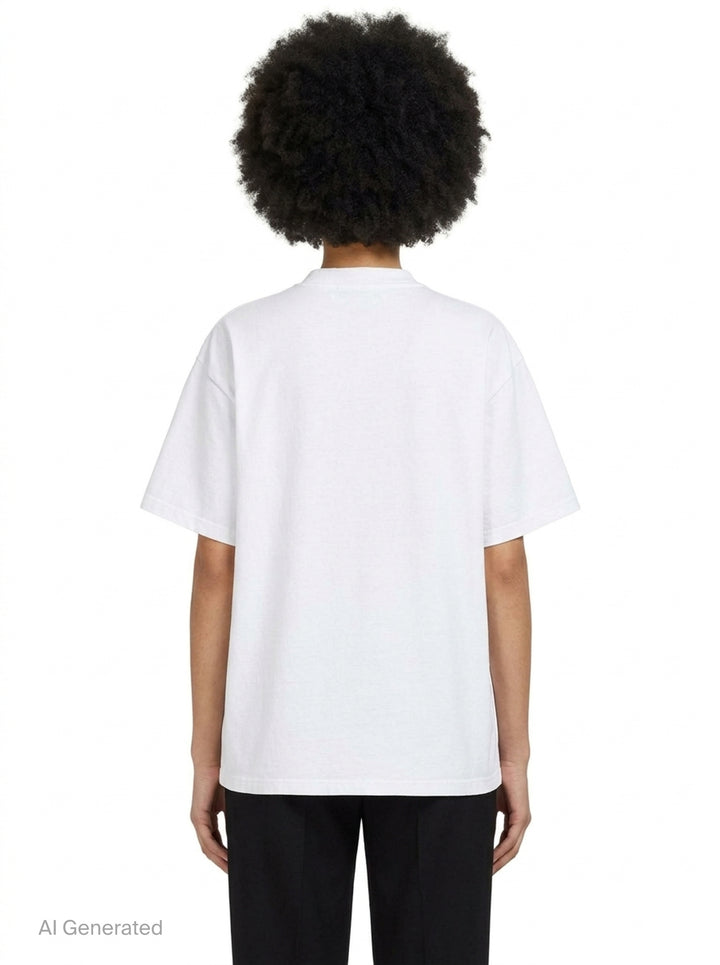 MSGM white oversized crew-neck tee featuring an airbrushed pink cat-in-a-teacup graphic with rhinestone crystal embellishments and MSGM script lettering - back