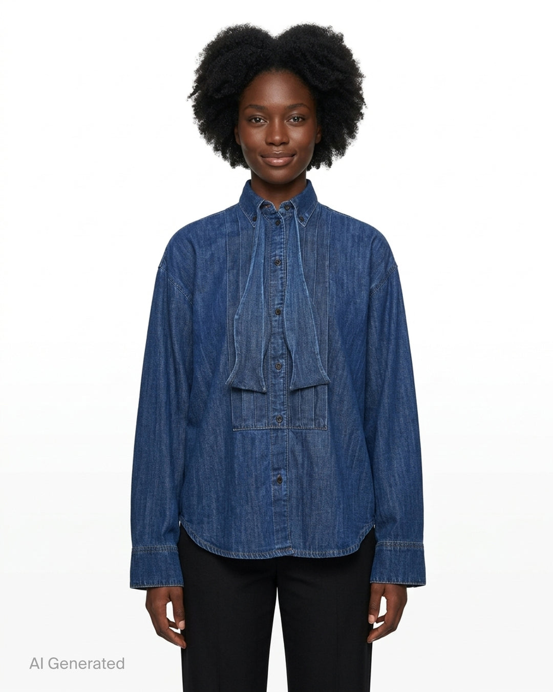MSGM indigo denim blouse with sculptural attached bowtie bib, button-down collar, full button placket, and wide double cuffs, displayed flat on a white background - front