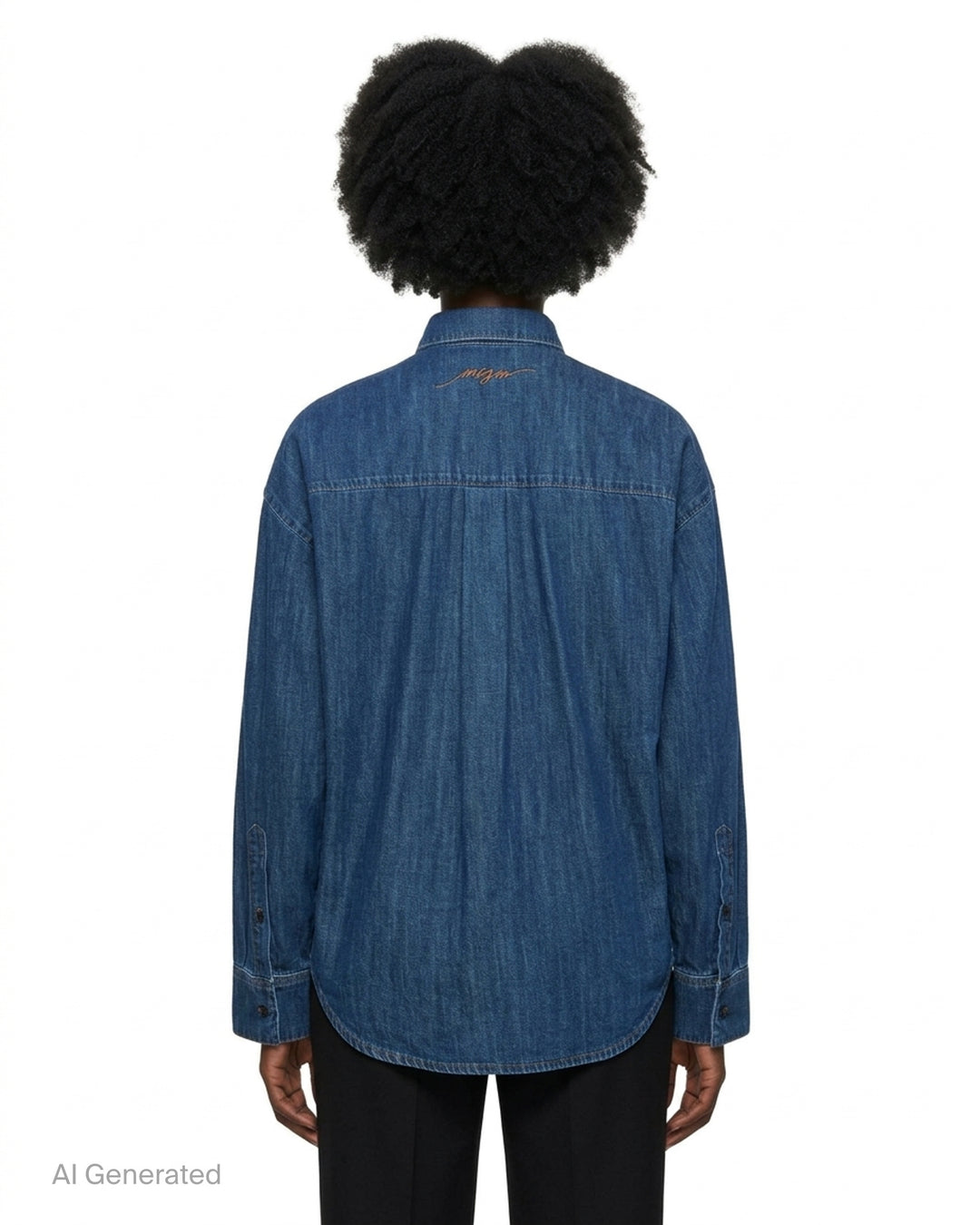 MSGM indigo denim blouse with sculptural attached bowtie bib, button-down collar, full button placket, and wide double cuffs, displayed flat on a white background - back