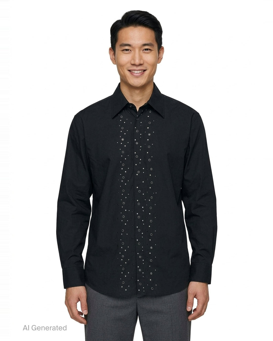 MSGM black long sleeve shirt with crystal studs and silver eyelets embellished down the front placket, featuring a pointed collar and concealed button fastening - front