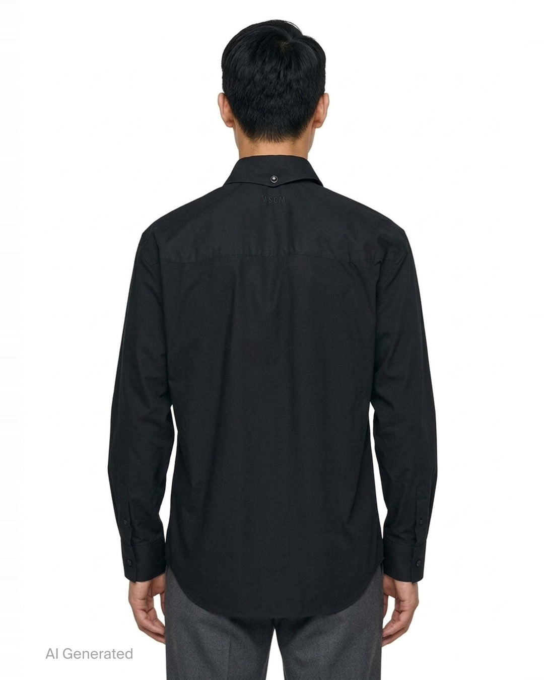 MSGM black long sleeve shirt with crystal studs and silver eyelets embellished down the front placket, featuring a pointed collar and concealed button fastening - back