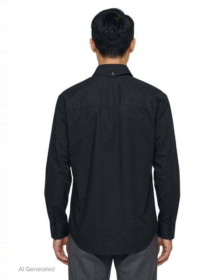 MSGM black long sleeve shirt with crystal studs and silver eyelets embellished down the front placket, featuring a pointed collar and concealed button fastening - back