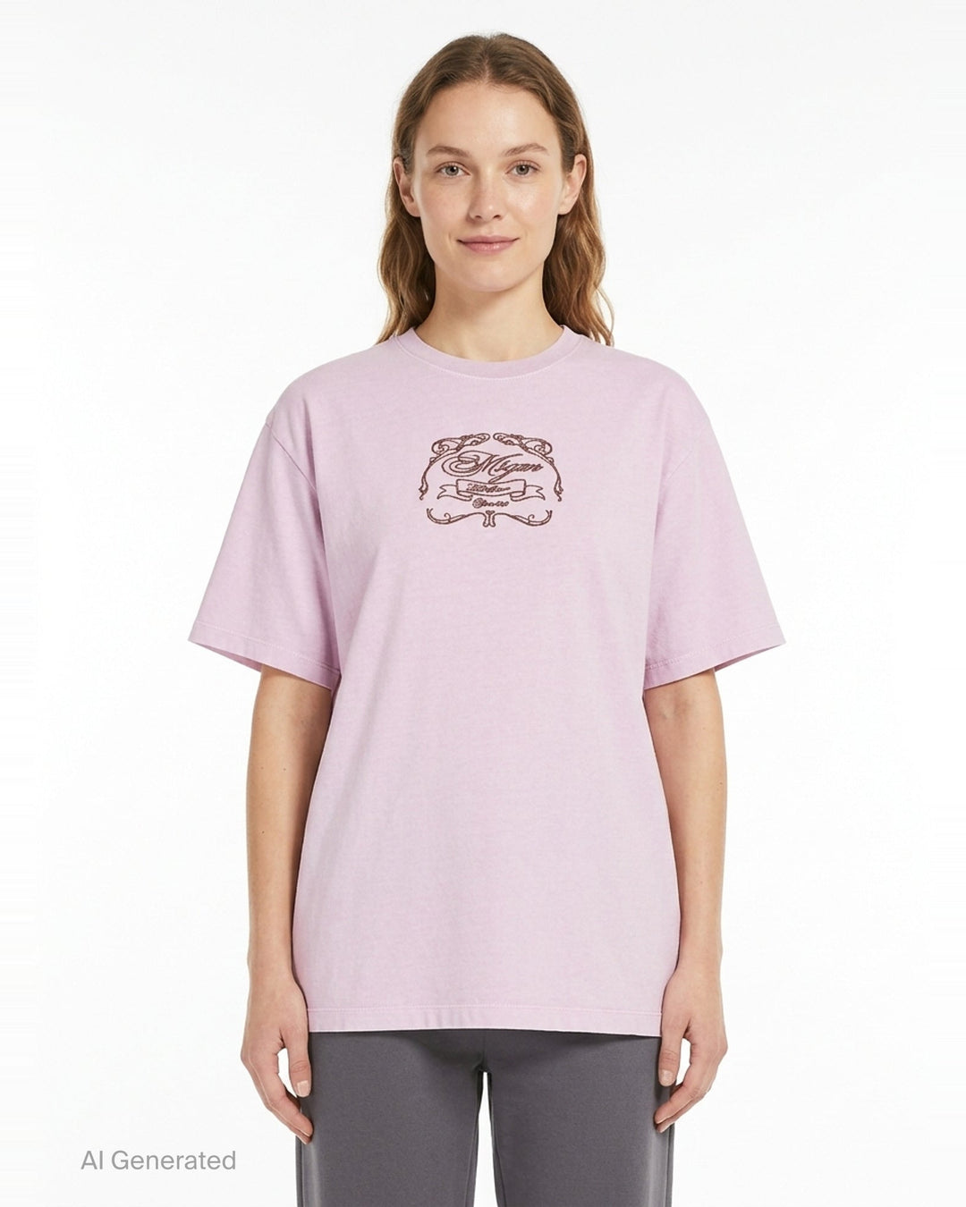 MSGM Insignia Print Tee in soft lilac with ornate crest graphic at the chest, oversized fit with short sleeves and crew neckline - front