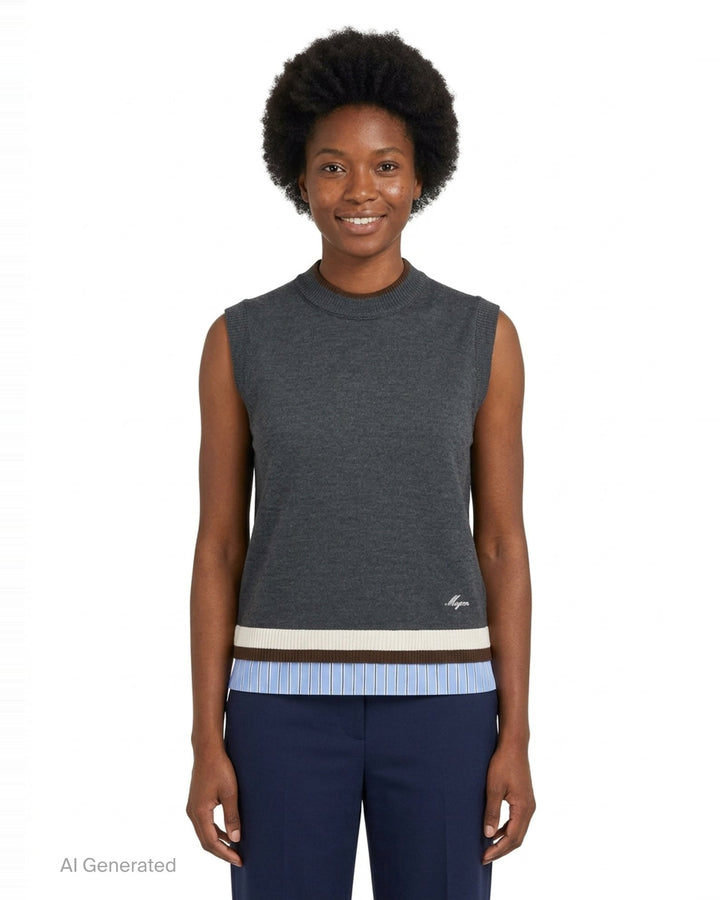 MSGM charcoal grey sleeveless knit vest with dark brown mock neck trim, trompe-l'œil striped shirting hem detail, and embroidered MSGM script logo at the front hem - front