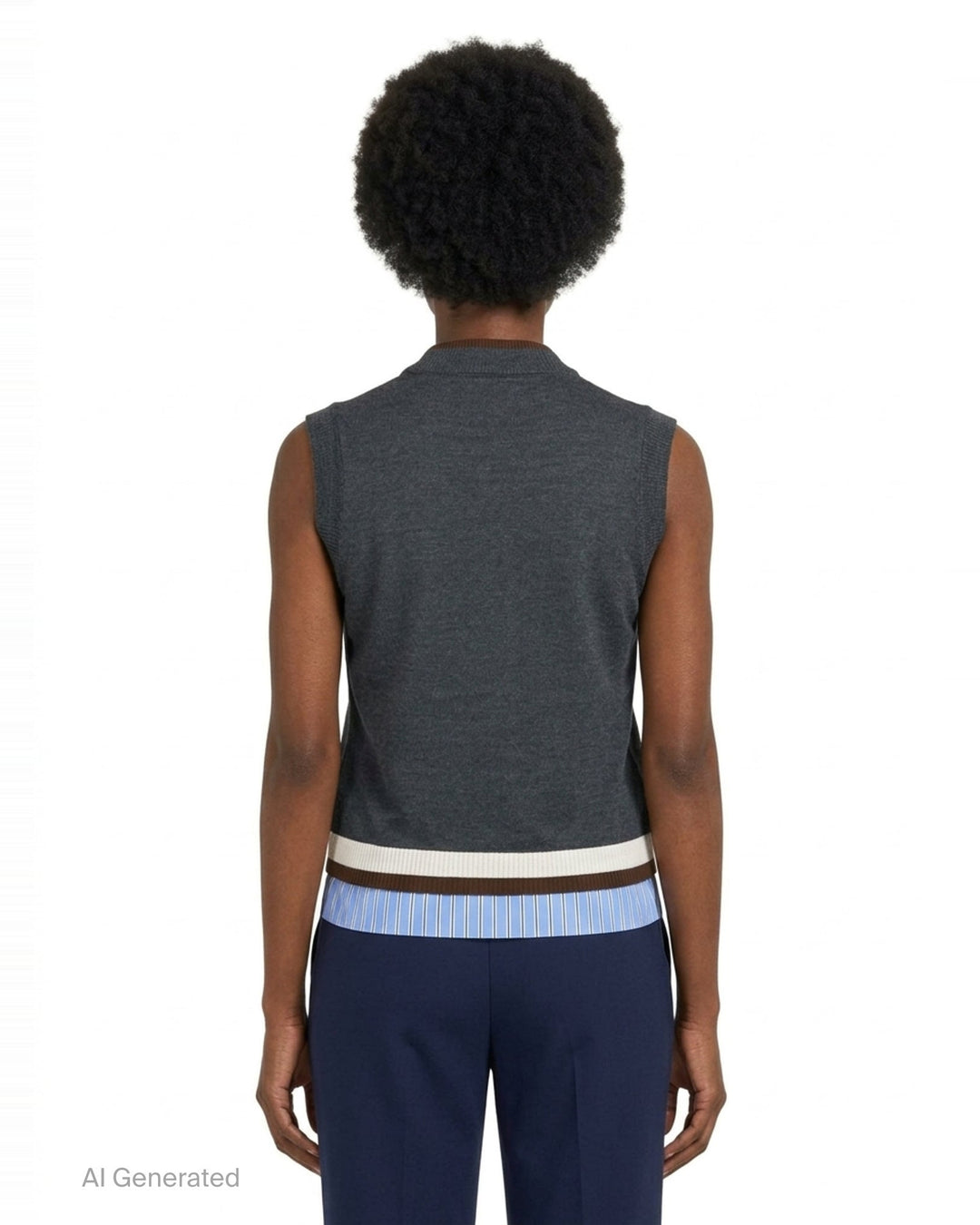 MSGM charcoal grey sleeveless knit vest with dark brown mock neck trim, trompe-l'œil striped shirting hem detail, and embroidered MSGM script logo at the front hem - back