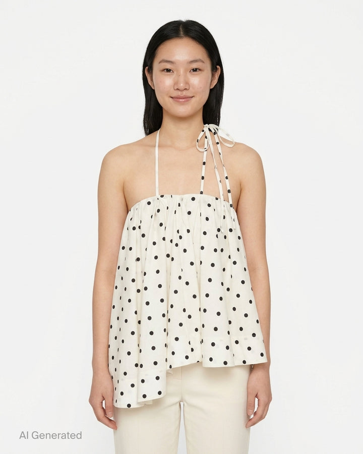 MSGM ivory halter top with black polka dots, tie straps, gathered bodice and flared asymmetric hem - front