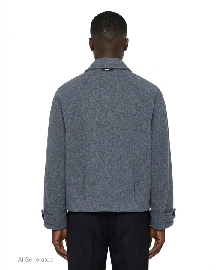 MSGM Raglan Wool Jacket in heather grey, featuring a button-through front, spread collar, raglan sleeves, and patch pocket, displayed on a white background - back