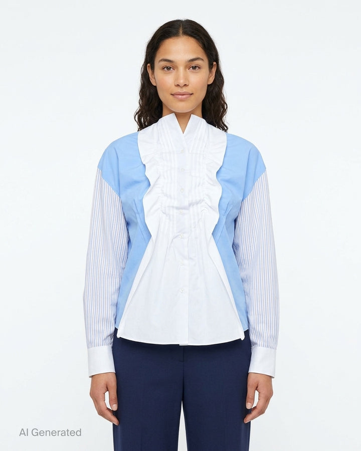MSGM ruffle-front patchwork shirt with sky-blue shoulder panels, fine-striped sleeves, and a white poplin gathered ruffle bib with button fastening - front