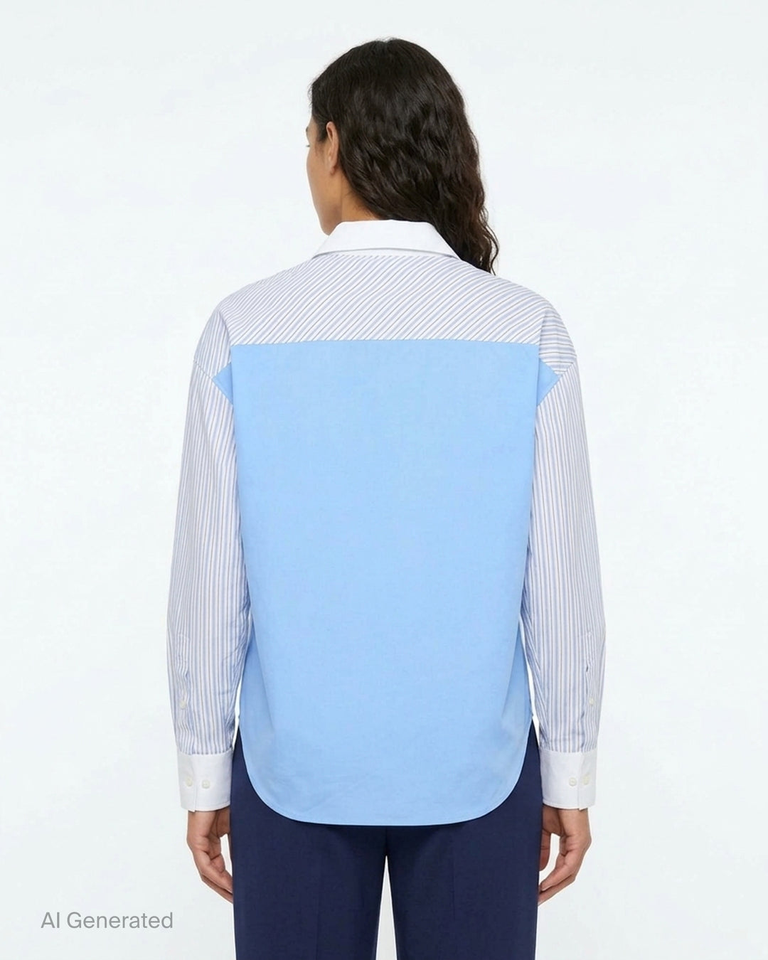 MSGM ruffle-front patchwork shirt with sky-blue shoulder panels, fine-striped sleeves, and a white poplin gathered ruffle bib with button fastening - back