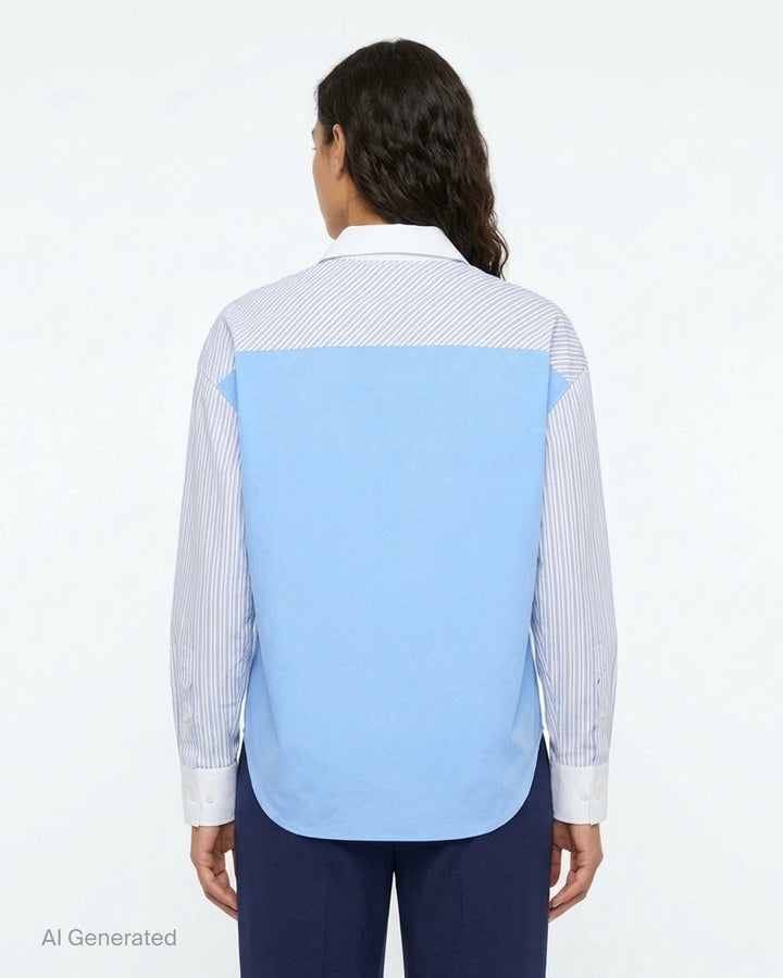 MSGM ruffle-front patchwork shirt with sky-blue shoulder panels, fine-striped sleeves, and a white poplin gathered ruffle bib with button fastening - back