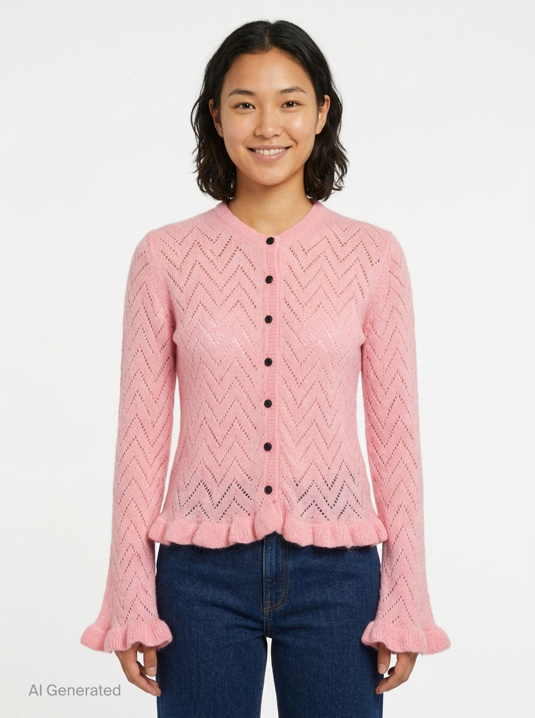 MSGM black chevron pointelle knit cardigan with button-front closure, flared bell sleeves with ruffle cuffs, and frayed ruffle hem trim - front