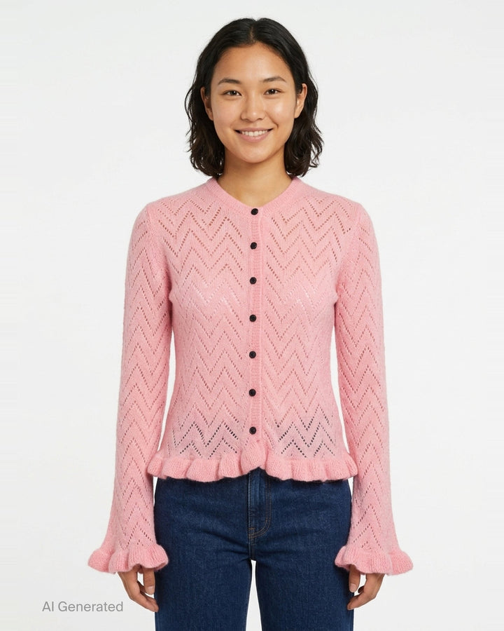 MSGM black chevron pointelle knit cardigan with button-front closure, flared bell sleeves with ruffle cuffs, and frayed ruffle hem trim - front